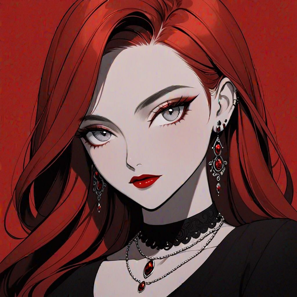 1girl, earrings, grey eyes, jewelry, long hair, looking at viewer, makeup, necklace, portrait, red background, red hair, red lips, solo