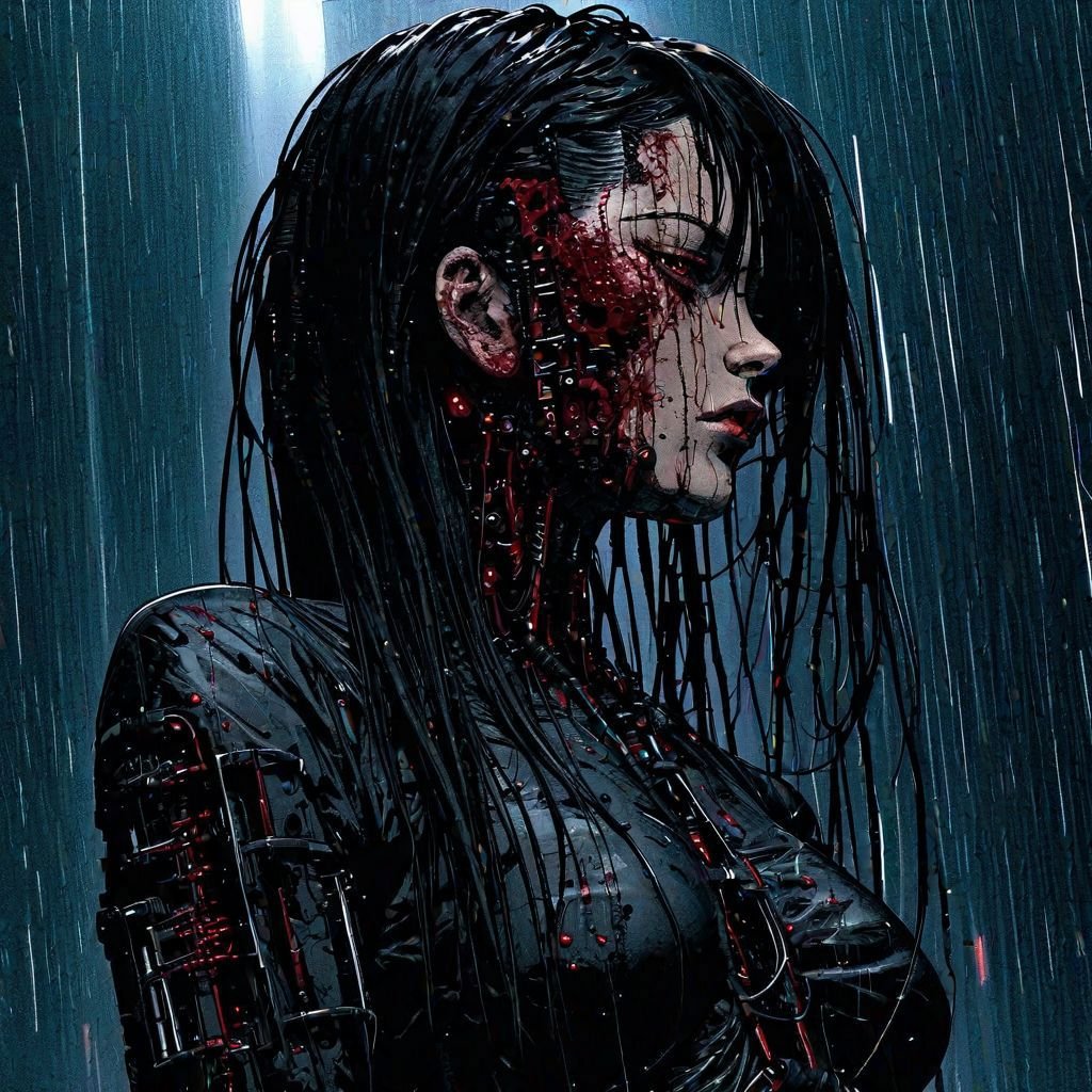1girl, android, black hair, blood, blood on clothes, blood on face, blood on hands, blood on weapon, blood splatter, cable, cyberpunk, cyborg, earrings, from side, long hair, rain, red eyes, science fiction, solo, upper body