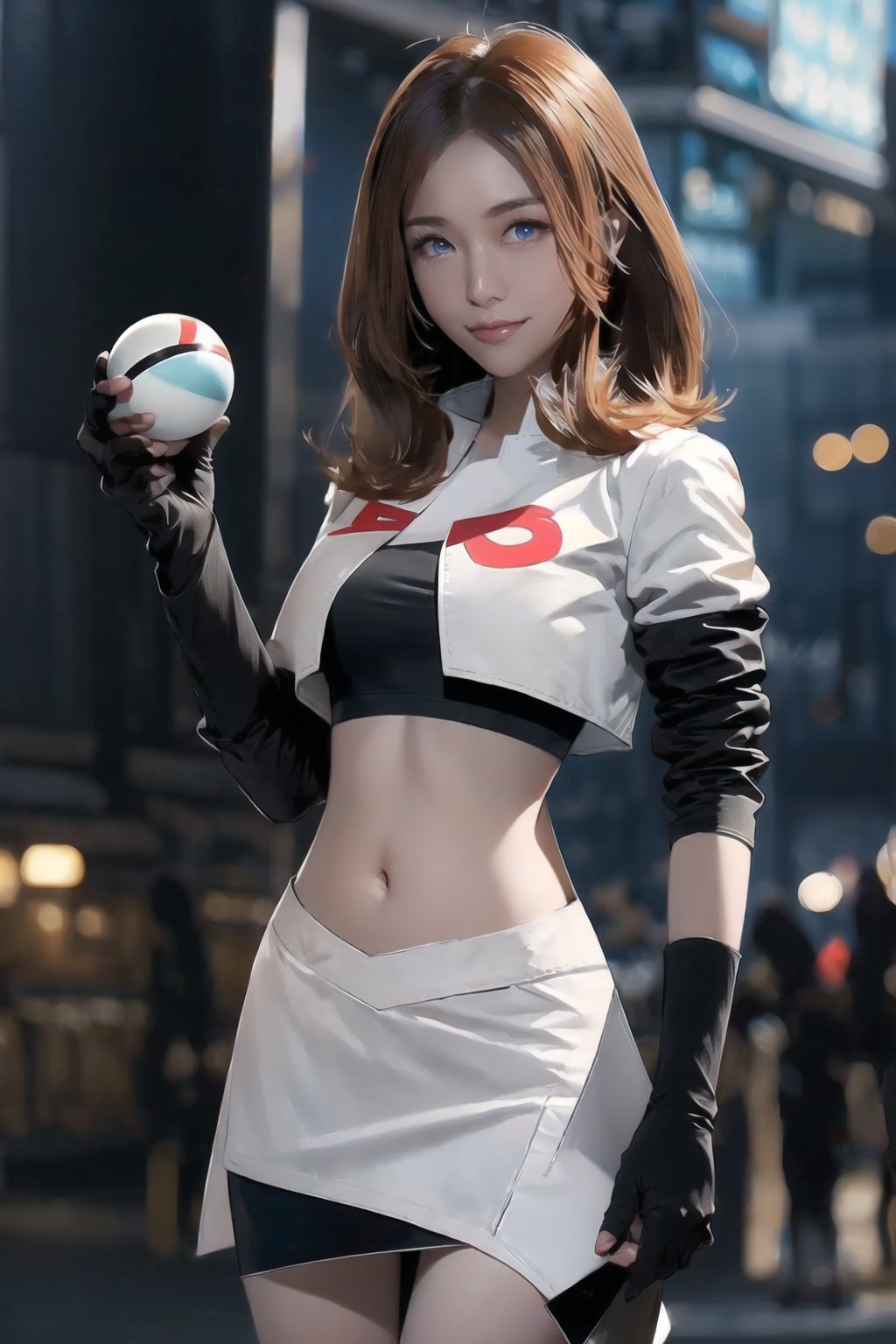 (best quality), (highly detailed), masterpiece, (official art), posing, lips, ( evil smile), poke ball, poke ball (basic), long red hair, blue eyes, holding poke ball,Team Rocket, cropped jacket, white jacket, crop top, jacket, gloves, black gloves, elbow gloves, navel, midriff, white skirt, miniskirt, skirt, thighhighs,, looking at viewer, china, asiática, city, night, sky, (intricately detailed, hyperdetailed), blurry background,depth of field, best quality, masterpiece, intricate details, tonemapping, sharp focus, hyper detailed, trending on Artstation,1 girl, high res, Kay_Tse, HKgirl02