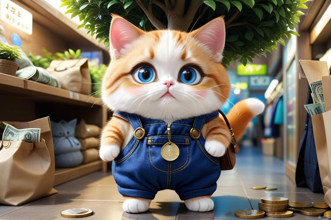 mimi,cat,cat plant a tree,put coins in a hole,money,super cute,shop,shopping,take a bag,cat wear blue strap pants,cat with super large eyes, mimi,super realistic,