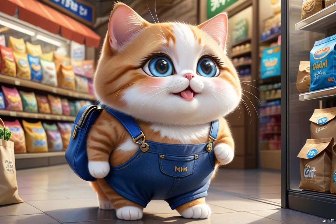 mimi,cat,side view,talk to ((1man)),very happy,laugh,,pay a bill,money,super cute,shop,shopping,take a bag,cat wear blue strap pants,cat with super large eyes, mimi,super realistic,