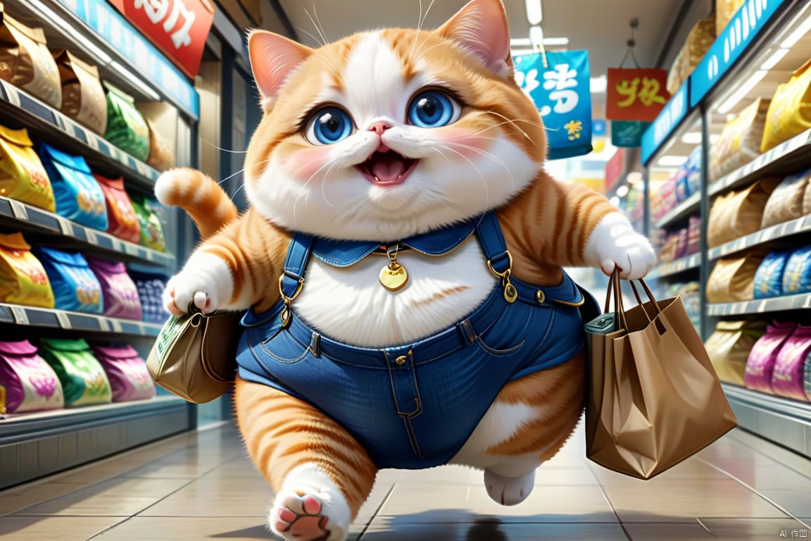 mimi,cat,huge fat,running,money falls,super cute,shop,shopping,take a bag,cat wear blue strap pants,cat with super large eyes, very happy,laugh,mimi,super realistic,