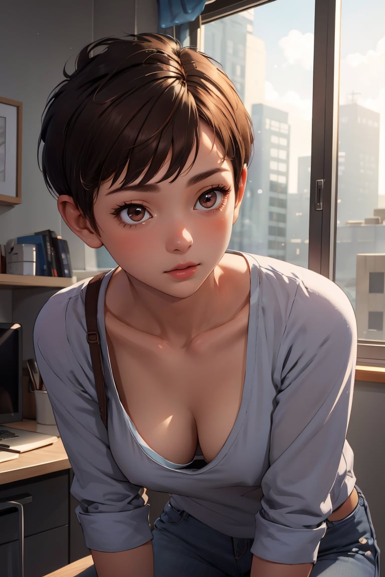 masterpiece, best quality,Ray tracing, hdr, volumetric lighting,1girl, <lora:Tomboy_FefaAIart:0.8>,  tomboy, very short hair, breasts,  cleavage,brown hair, brown eyes, (pixie cut:1.3), forehead,<lora:Downblouse_FefaAIart:0.8>,downblouse, extended downblouse,