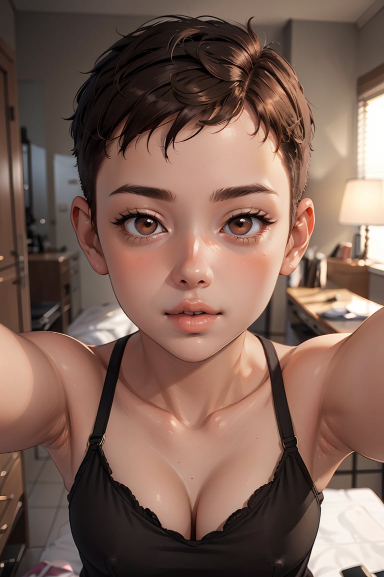 masterpiece, best quality,Ray tracing, hdr, volumetric lighting,1girl, <lora:Tomboy_FefaAIart:0.8>,  tomboy, very short hair, breasts,  cleavage,brown hair, brown eyes, (pixie cut:1.3), forehead,<lora:PovKiss_Peck_FefaAIart:0.8>, pov, kiss, peck lips, round lips, incoming kiss,   outstretched arms,