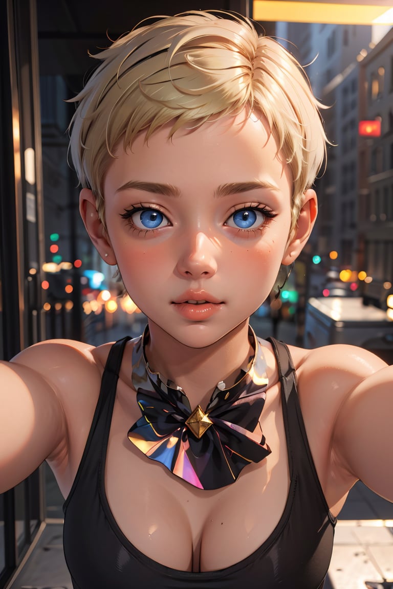 masterpiece, best quality,Ray tracing, hdr, volumetric lighting,1girl, <lora:Tomboy_FefaAIart:0.8>,  tomboy, very short hair, breasts,  cleavage,blonde hair, blue eyes, (pixie cut:1.3),forehead,<lora:PovKiss_Peck_FefaAIart:0.8>, pov, kiss, peck lips, round lips, incoming kiss,   outstretched arms,