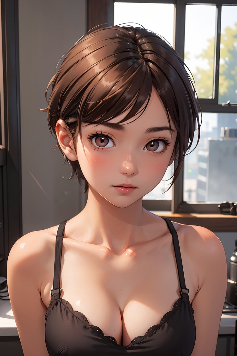 masterpiece, best quality,Ray tracing, hdr, volumetric lighting,1girl, <lora:Tomboy_FefaAIart:0.8>,  tomboy, very short hair, breasts,  cleavage,brown hair, brown eyes,