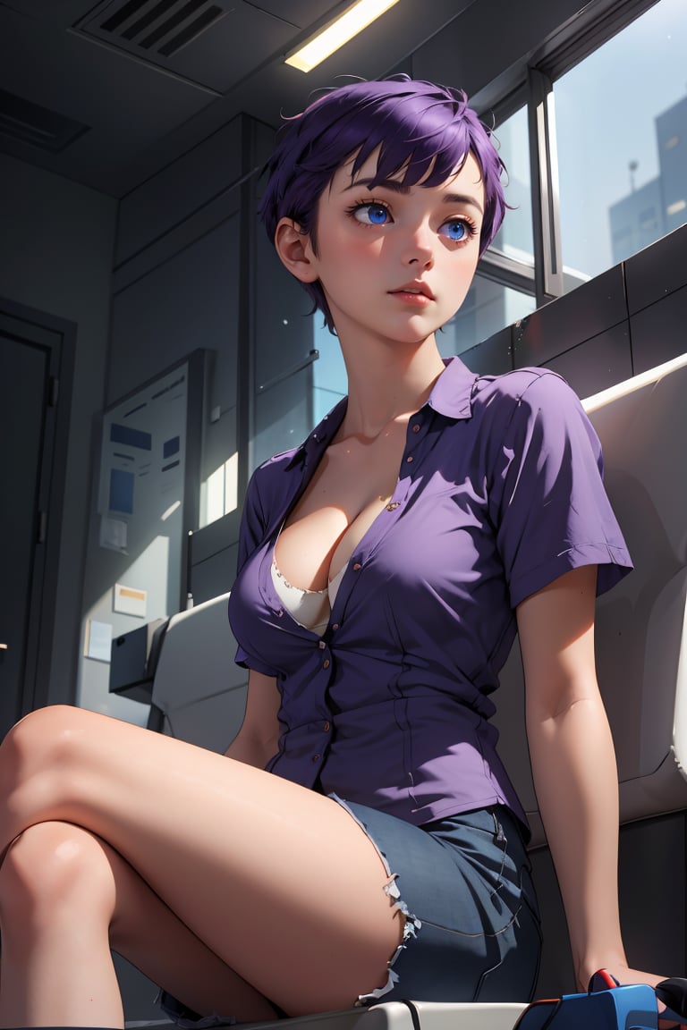 masterpiece, best quality,Ray tracing, hdr, volumetric lighting,1girl, <lora:Tomboy_FefaAIart:0.8>,  tomboy, very short hair, breasts,  cleavage,purple hair, blue eyes, pixie cut,(from below:1.2), (low angle shot:1.2),(sitting:1.2),