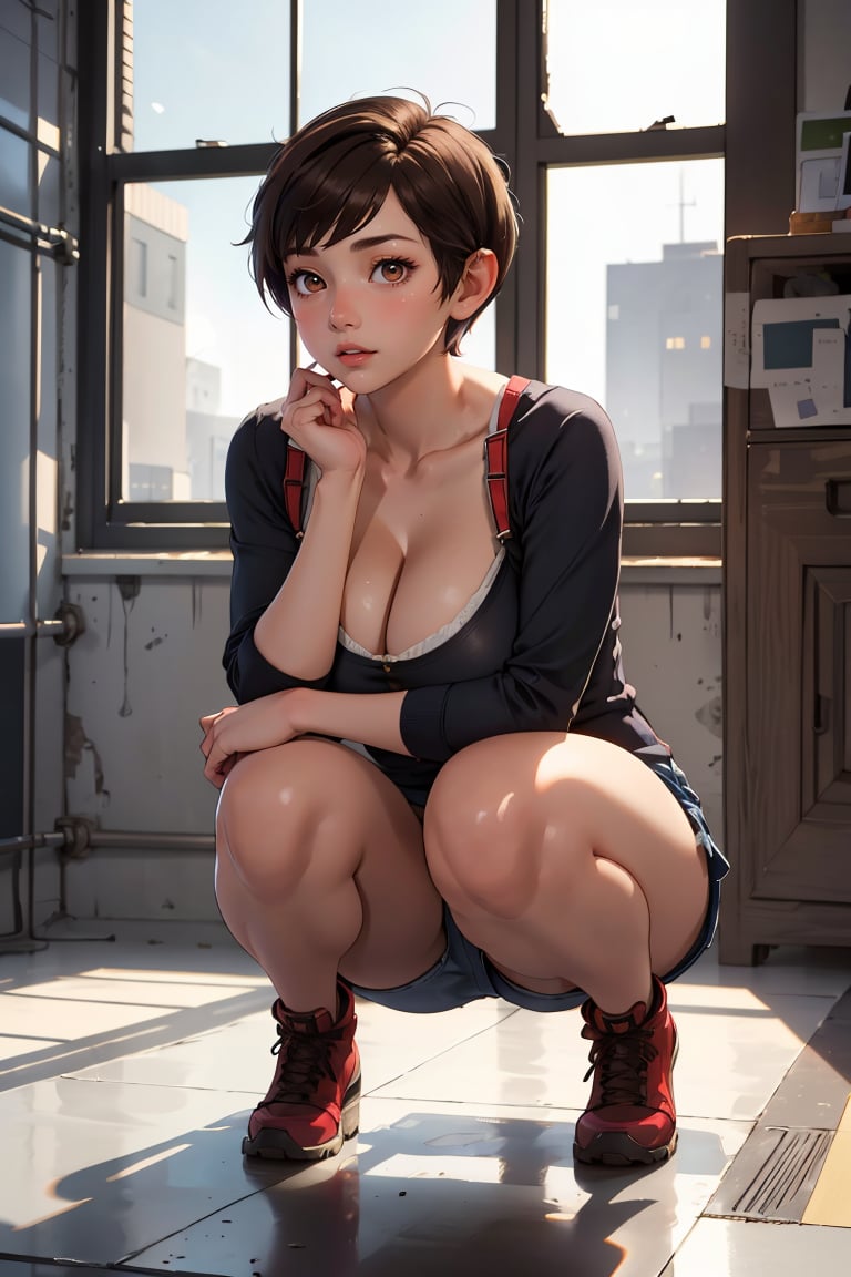 masterpiece, best quality,Ray tracing, hdr, volumetric lighting,1girl, <lora:Tomboy_FefaAIart:0.8>,  tomboy, very short hair, breasts,  cleavage,brown hair, brown eyes, (pixie cut:1.3), forehead,(squatting down:1.2),<lora:Gigantic_Breasts_FefaAIart:0.6>, gigantic breasts, huge breasts, big breasts,