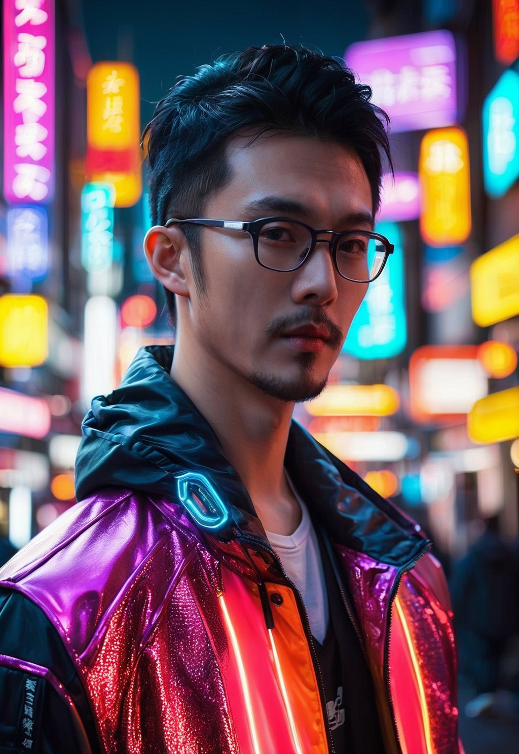 Asian man, headshot ,glasses , stubble, cyberpunk style, Tokyo street, neon lights, glow jacket , night