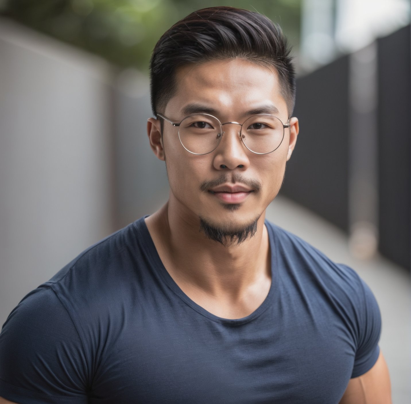 A handsome young Asian man with muscle, facial hair , and round metal glasses, headshot , short face