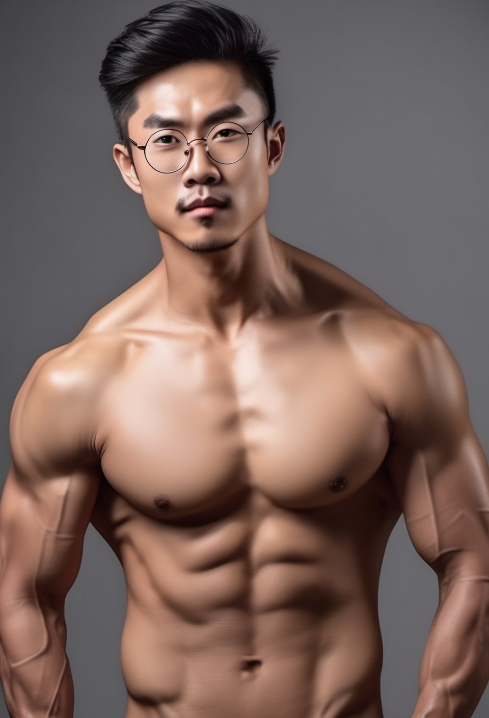 A handsome young Asian man with muscle, a little  facial hair , and round metal glasses , narrow face,topless,oil hair,full body 
