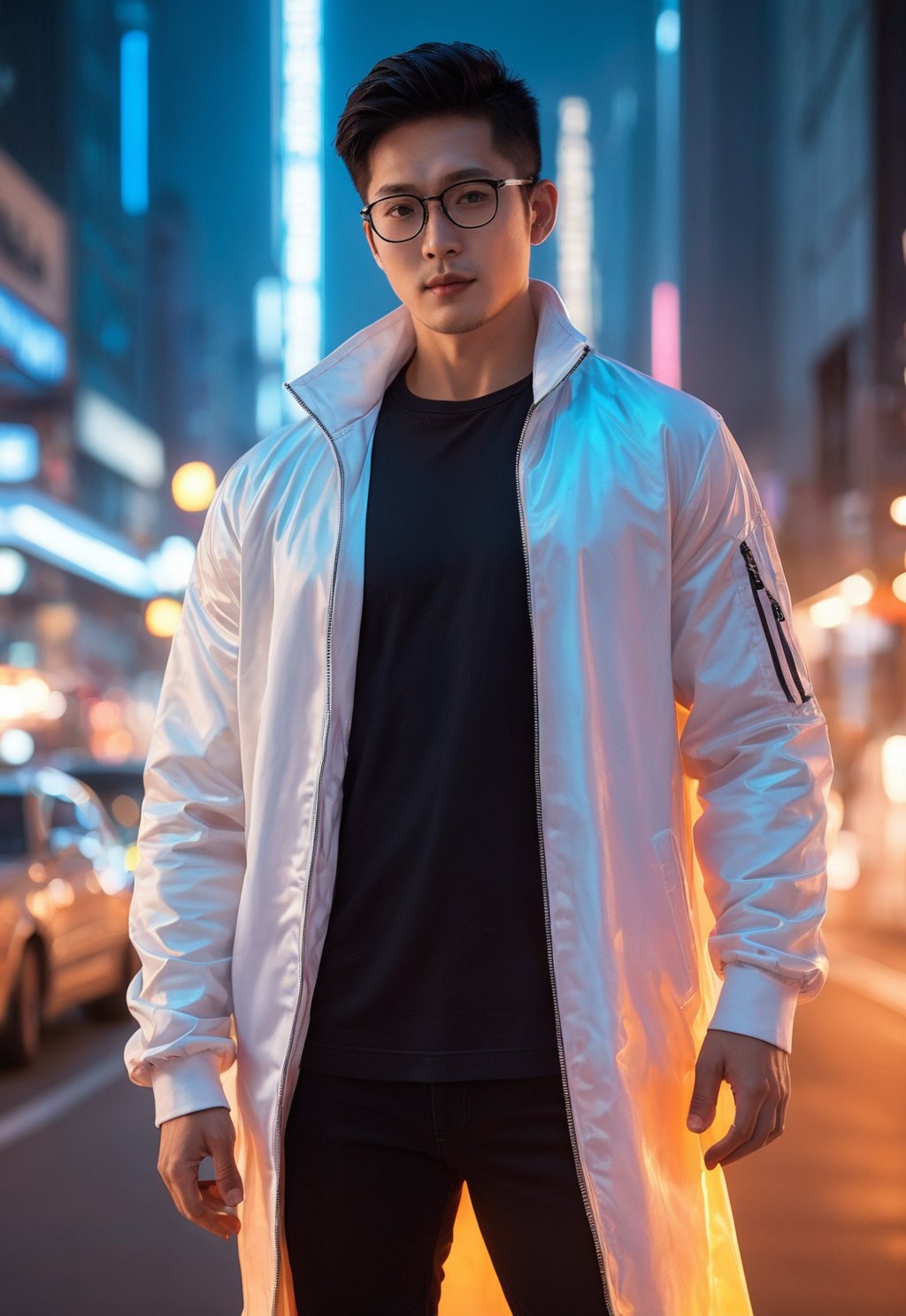 A strong and athletic Asian man wearing a white jacket and a shirt,stubble,glasses, (upper body:1.2), (simple black background:1.2), (computer matrix), (digital dissolve:1.4), (cyborg), pale skin, (short hair), ((black hair)), (blue hair), (hair gradient:1.5), (glowing eyes:1.2), orange eyes, (looking at viewer), light smile, hand on own face, (black sweater, long sleeves:1.4), (masterpiece, best quality),Close mouth,
, smile, (oil shiny skin:1.3), (huge_boobs:2.4), willowy, chiseled, (hunky:2), body turn 46 degree, (perfect anatomy, prefecthand, long fingers, 4 fingers, 1 thumb), 9 head body lenth, dynamic sexy pose, breast apart, ((medium shot )), (artistic pose of a woman),photo r3al,neon style,simple background,NIJI STYLE,DonMChr0m4t3rr4XL ,DonMF41ryW1ng5XL,Strong Backlit Particles, Asian man