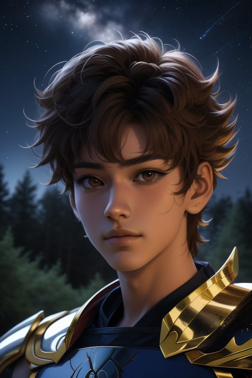 Seiya, a handsome young man, 18 years old, brown hair, brown eyes, armor power, blue aura. In the background a detailed landscapes. forest,  night sky, stars in the sky. interactive elements, very detailed, ((Detailed face)),   sciamano240, nodf_lora, 1boy, seiya