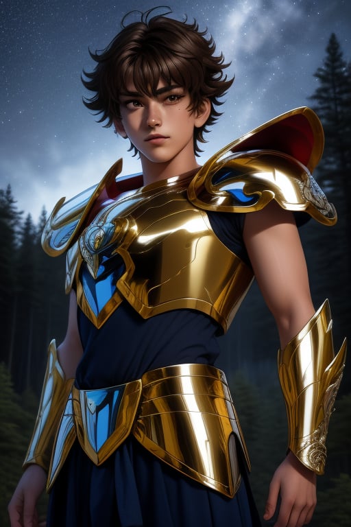 Seiya, a handsome young man, 18 years old, brown hair, brown eyes. armor power,  white armor, red elements, blue aura. In the background a detailed landscapes. forest,  night sky, stars in the sky. interactive elements, very detailed, ((Detailed face)),  ((Detailed Half body)),  sciamano240, nodf_lora, 1boy, seiya