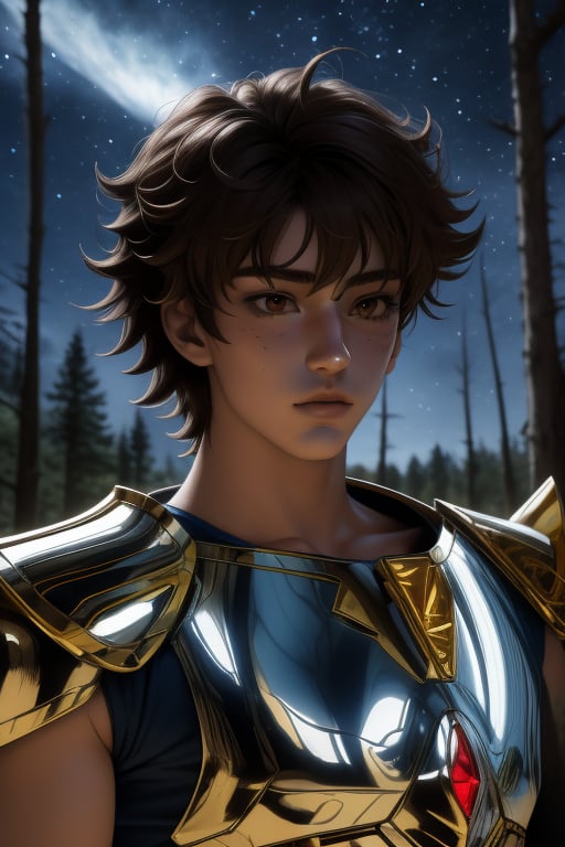 Seiya, a handsome young man, 18 years old, brown hair, brown eyes. armor power,  white armor, red elements, blue aura. In the background a detailed landscapes. forest,  night sky, stars in the sky. interactive elements, very detailed, ((Detailed face)),  ((Detailed Half body)),  sciamano240, nodf_lora, 1boy, seiya