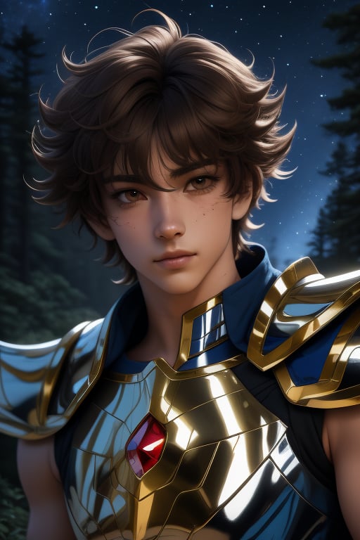 Seiya, a handsome young man, 18 years old, brown hair, brown eyes. armor power,  white armor, red elements, blue aura. In the background a detailed landscapes. forest,  night sky, stars in the sky. interactive elements, very detailed, ((Detailed face)),  ((Detailed Half body)),  sciamano240, nodf_lora, 1boy, seiya