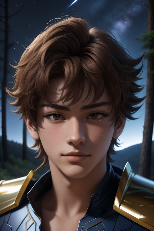 Seiya, a handsome young man, 18 years old, brown hair, brown eyes, armor power, blue aura. In the background a detailed landscapes. forest,  night sky, stars in the sky. interactive elements, very detailed, ((Detailed face)),   sciamano240, nodf_lora, 1boy, seiya