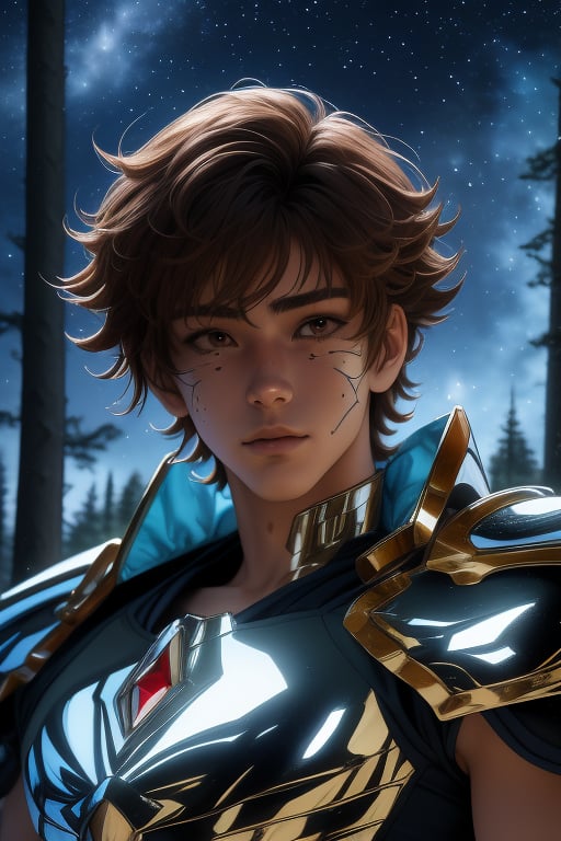 Seiya, a handsome young man, 18 years old, brown hair, brown eyes, armor power, blue aura. white armor, red elements. In the background a detailed landscapes. forest,  night sky, stars in the sky. interactive elements, very detailed, ((Detailed face)),   sciamano240, nodf_lora, 1boy, seiya