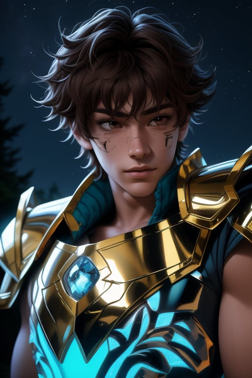 Seiya, a handsome young man, 18 years old, brown hair, brown eyes, armor power, blue aura. In the background a detailed landscapes. forest,  night sky, stars in the sky. interactive elements, very detailed, ((Detailed face)), ((Detailed Half body)), Color Booster,  sciamano240, nodf_lora, 1boy, seiya