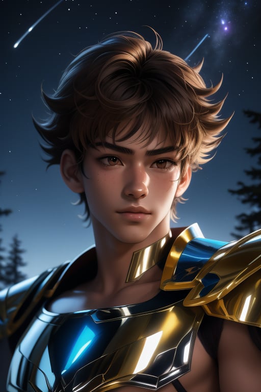 Seiya, a handsome young man, 18 years old, brown hair, brown eyes, armor power, blue aura. In the background a detailed landscapes. forest,  night sky, stars in the sky. interactive elements, very detailed, ((Detailed face)), ((Detailed Half body)), Color Booster,  sciamano240, nodf_lora, 1boy, seiya