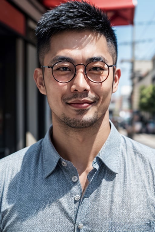 Asian man, handsome ,round metal glasses ,stubble, strong, shirt, street, photorealistic , upper_body