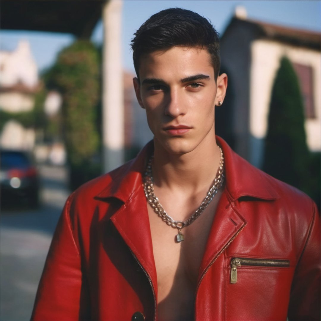 GQ, handsome italian teen man in a party, 90s, thick eyebrows, defined jawline, crooked nose, mature, 19 years old, slender, punk, stubble, scruffy face, hot, black hair, buzzcut, youthful, boy band, Masterpiece, male model, photography, european, fashion editorial, menswear necklace, chain, peircing, Portrait, seductive pose, maison margiela, dsquared, tom ford, ted colunga

8k, cinematic lighting, very dramatic, very artistic, soft aesthetic, innocent, realistic, masterpiece, Camera settings to capture such a vibrant and detailed image would likely include Canon EOS 5D Mark IV, Lens 85mm f/1.8, f/4.0, ISO 100, 1/500 sec,hdsrmr, cinema verite, film still, ((perfect anatomy): 1.5), best resolution, maximum quality, UHD, life with detail, analog, cinematic moviemaker style