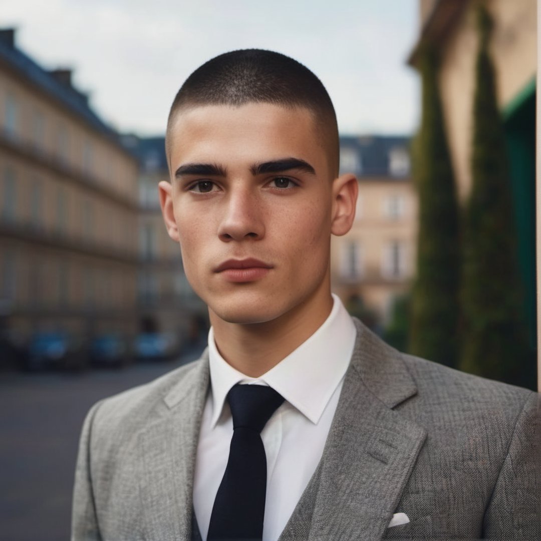 GQ, handsome french teen man, 90s, corporate, business man, suit and tie, thick eyebrows, punk, stubble, hot, black hair, buzz cut, youthful, boy band, simple background, Masterpiece, male model, bald, handsome male, fashion editorial, intern, freckles

8k, cinematic lighting, very dramatic, very artistic, soft aesthetic, innocent, realistic, masterpiece, Camera settings to capture such a vibrant and detailed image would likely include Canon EOS 5D Mark IV, Lens 85mm f/1.8, f/4.0, ISO 100, 1/500 sec,hdsrmr, cinema verite, film still, ((perfect anatomy): 1.5), best resolution, maximum quality, UHD, life with detail, analog, cinematic moviemaker style