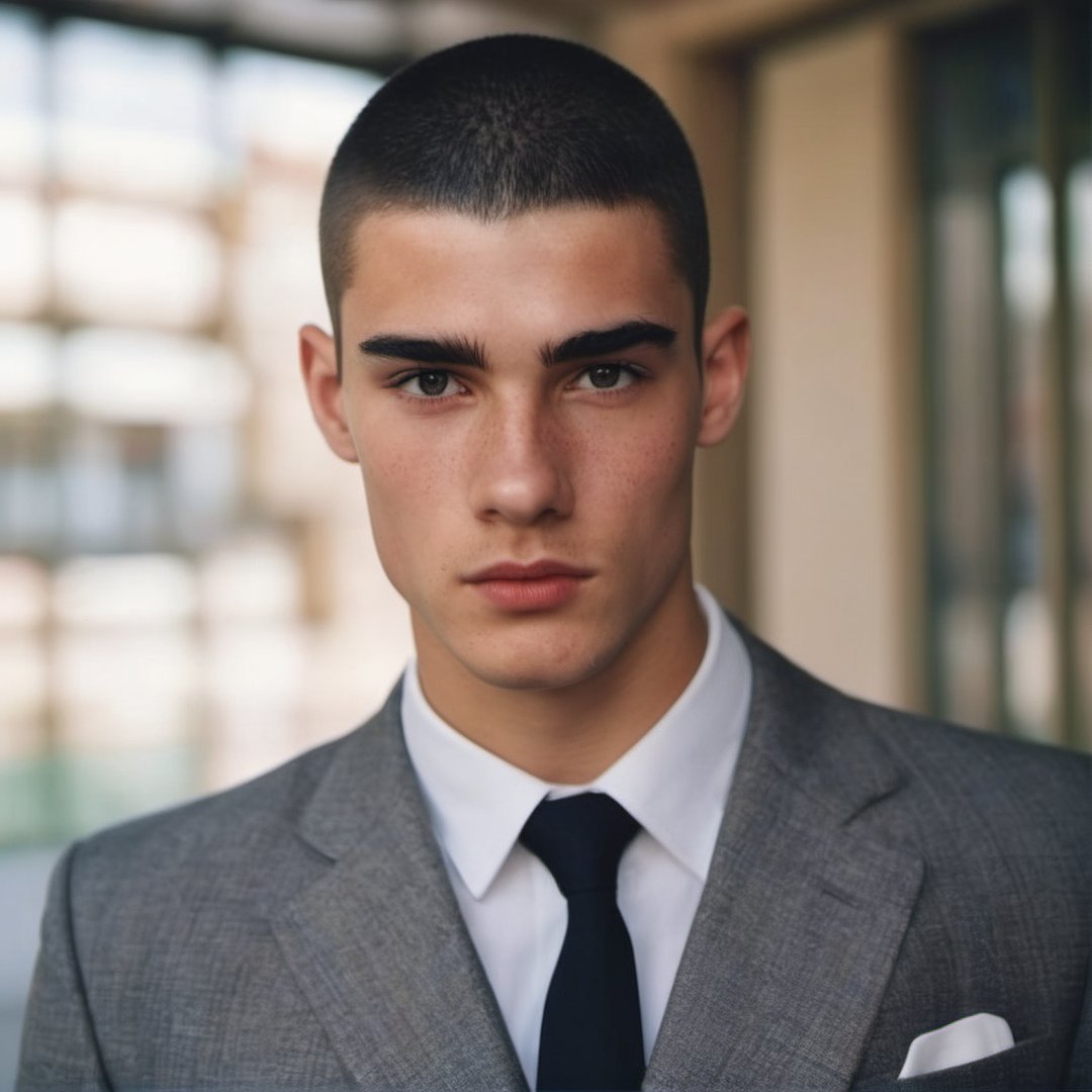 GQ, handsome french teen man, 90s, corporate, business man, suit and tie, thick eyebrows, punk, stubble, hot, black hair, buzz cut, youthful, boy band, simple background, Masterpiece, male model, bald, handsome male, fashion editorial, intern, freckles

8k, cinematic lighting, very dramatic, very artistic, soft aesthetic, innocent, realistic, masterpiece, Camera settings to capture such a vibrant and detailed image would likely include Canon EOS 5D Mark IV, Lens 85mm f/1.8, f/4.0, ISO 100, 1/500 sec,hdsrmr, cinema verite, film still, ((perfect anatomy): 1.5), best resolution, maximum quality, UHD, life with detail, analog, cinematic moviemaker style