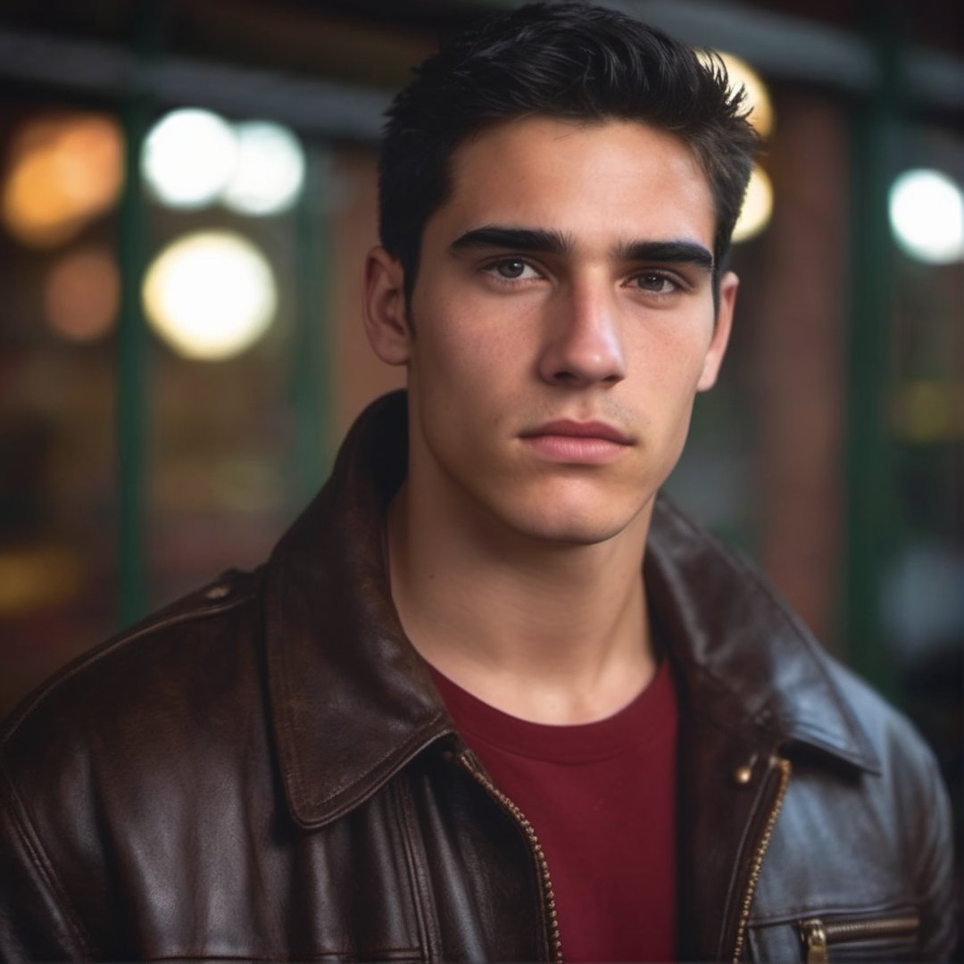college boy wearing leather jacket, handsome,  thick eyebrows, hairy, crooked nose, cute, 1990s, 17 years old, varsity, ted colunga

8k, cinematic lighting, very dramatic, very artistic, soft aesthetic, innocent, realistic, masterpiece, Camera settings to capture such a vibrant and detailed image would likely include Canon EOS 5D Mark IV, Lens 85mm f/1.8, f/4.0, ISO 100, 1/500 sec,hdsrmr, cinema verite, film still, ((perfect anatomy): 1.5), best resolution, maximum quality, UHD, life with detail, analog, cinematic moviemaker style