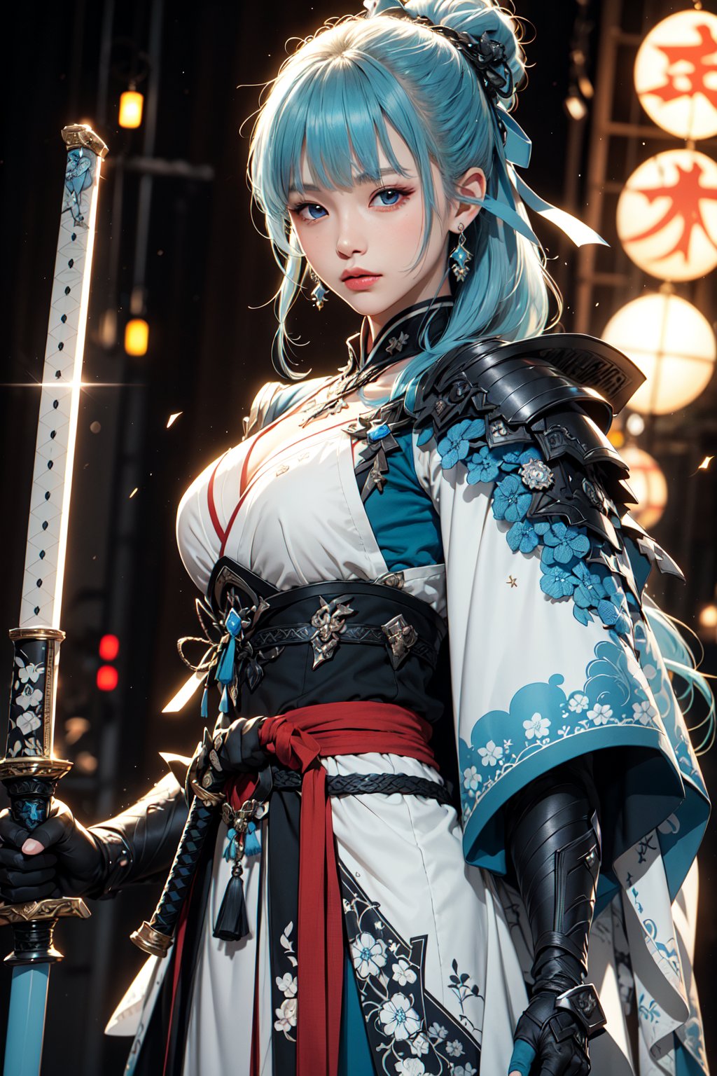 masterpiece,best quality,official art, extremely detailed CG unity 8k wallpaper,absurdres,8k resolution,exquisite facial features,prefect face,1girl, solo, long hair, looking at viewer, bangs, blue eyes, hair ornament, ribbon, holding, closed mouth, blue hair, hair ribbon, ponytail, weapon, sidelocks, japanese clothes, sword, blunt bangs, holding weapon, armor, holding sword, katana, sheath, tassel, tress ribbon, light blue hair, japanese armor, arm guards, kamisato ayaka

