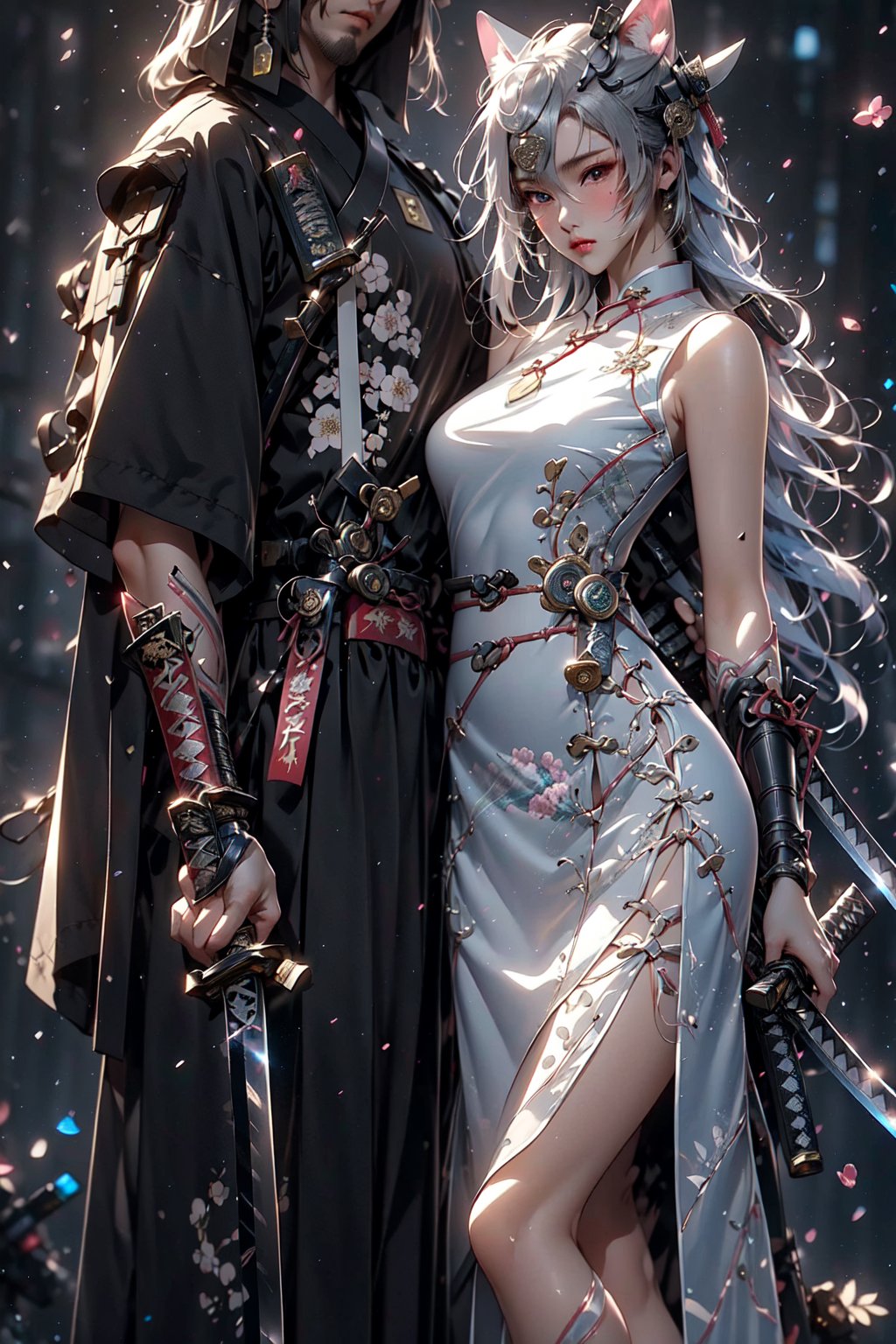 （masterpiece,best quality,official art, extremely detailed CG unity 8k wallpaper,absurdres,8k resolution,yukiwo,mole under eye,color contact lenses,cat mouth,embarrassed,long hair,silver hair,hair behind ear,ribbon trim,(((Beautiful, delicate and perfectly curved Japanese samurai katana  sword)))(cheongsam:1.4),(transparent clothes:1.2),lace legwear,sock dangle,ice crystal texture,looking at mirror,skirt lift,in winter,snowflakes,tanabata,Cinematic Lighting）,mecha