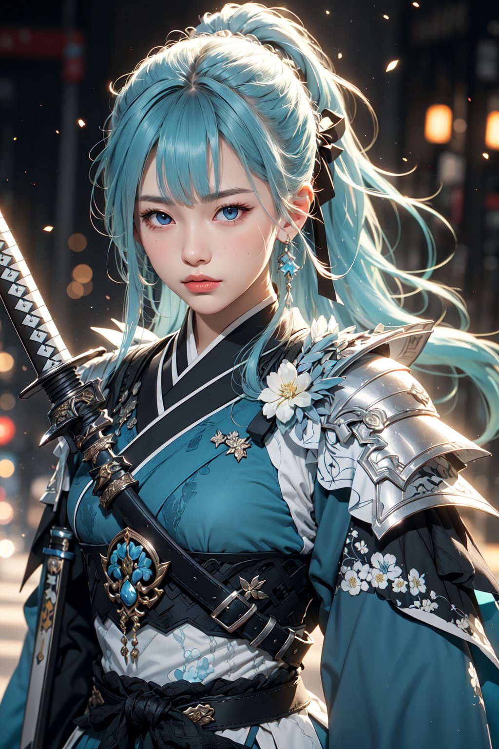 masterpiece,best quality,official art, extremely detailed CG unity 8k wallpaper,absurdres,8k resolution,exquisite facial features,prefect face,1girl, solo, long hair, looking at viewer, bangs, blue eyes, hair ornament, ribbon, holding, closed mouth, blue hair, hair ribbon, ponytail, weapon, sidelocks, japanese clothes, sword, blunt bangs, holding weapon, armor, holding sword, katana, sheath, tassel, tress ribbon, light blue hair, japanese armor, arm guards, kamisato ayaka

