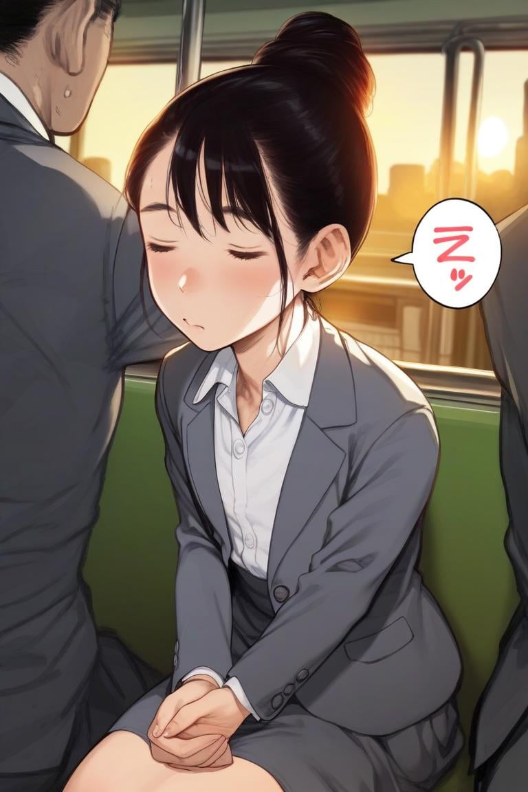 score_9, score_8_up, score_7_up, rating_safe BREAK1girl, mature, flat chest, single hair bun, dark hair, closed eyes, sleepy, grey blazer, white shirt, formal suit, skirt, sitting, v arms, (spoken zzz:1.2), public train, train interior, city background, sunset