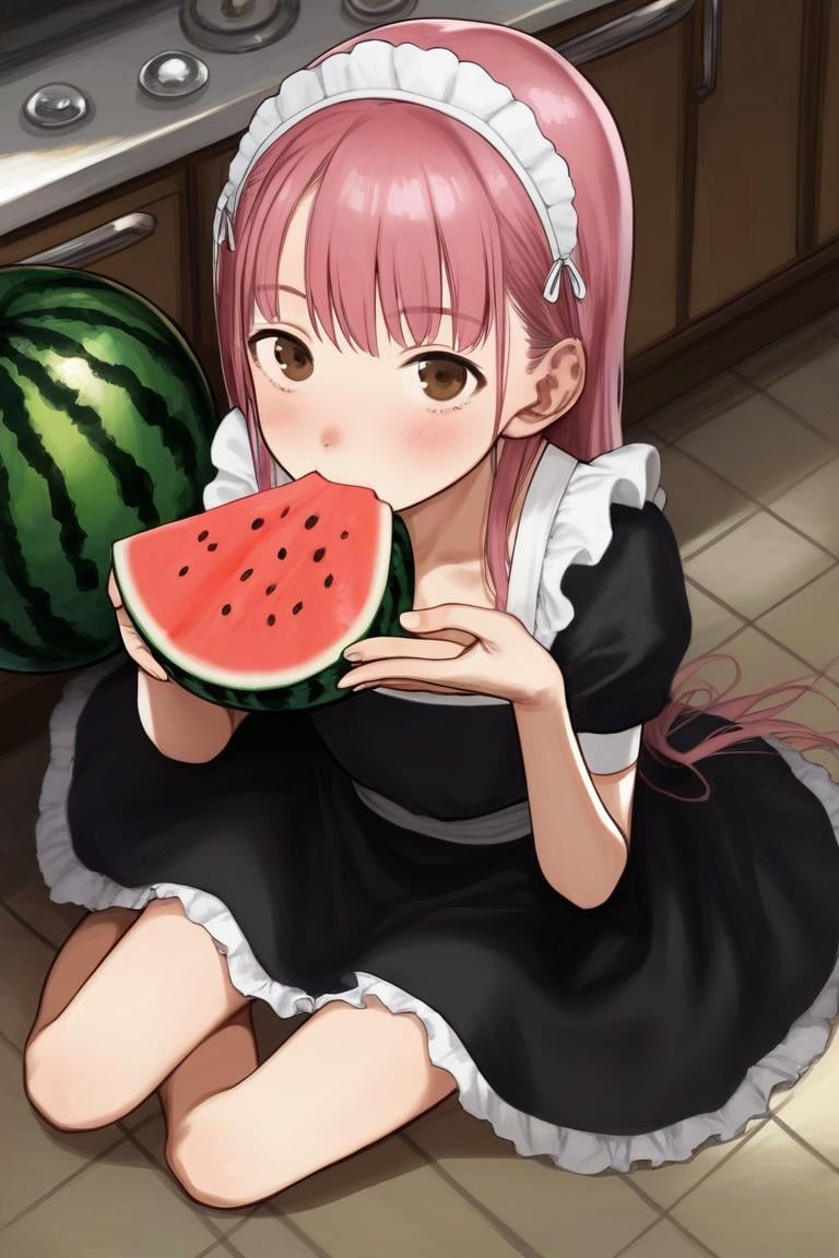 score_9, score_8_up, score_7_up, rating_safe BREAK1girl, :t, looking at viewer, long hair, pink hair, brown eyes, black dress, maid dress, flat chest, sitting, on floor, eating, watermelon, from above, kitchen