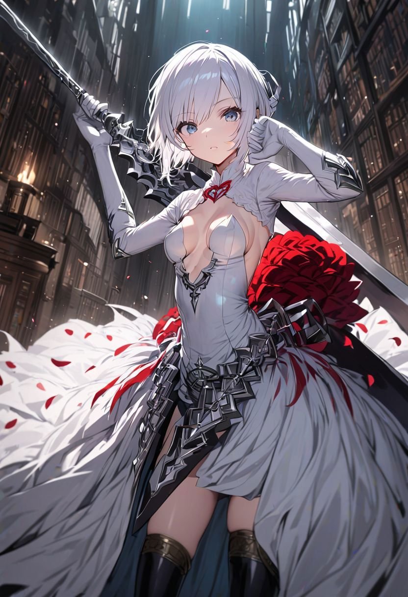 white eyes, white hair, short hair,  small breast, skirt,thighhighs, cleavage,weapon,flower,elbow gloves,white gloves, white dress, black boots,looking at viewer,(holding a sword attack pose), at dark library, view dynamic angle, best quality ,masterpiece, high resolution, detailed,