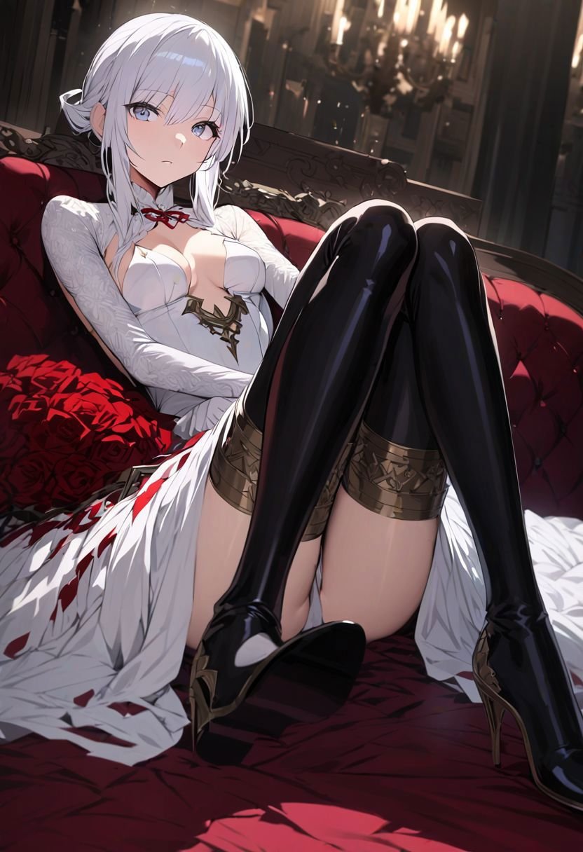 white eyes, white hair, small breast, skirt,thighhighs, cleavage,weapon,flower,elbow gloves,white gloves, white dress, black boots,looking at viewer,(sitting showing her foot with detail ), at  dark royal room, view dynamic angle, best quality ,masterpiece, high resolution, detailed,