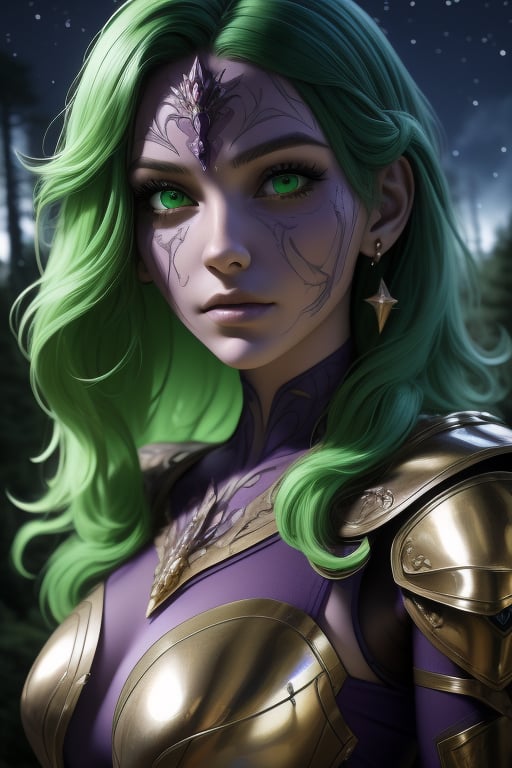 Shaina, a beautiful woman, 22 years old, green hair, green eyes. armor power, purple armor, green elements, fuschia aura. In the background a detailed landscapes. forest,  night sky, stars in the sky. interactive elements, very detailed, ((Detailed face)),  ((Detailed Half body)),  sciamano240, nodf_lora, 1girl, Shaina