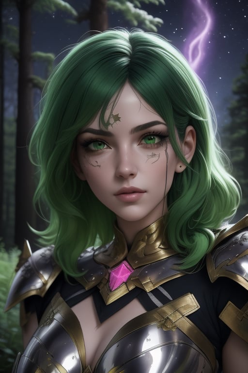 Shaina, a beautiful woman, 22 years old, green hair, green eyes. armor power, purple armor, green elements, fuschia aura. In the background a detailed landscapes. forest,  night sky, stars in the sky. interactive elements, very detailed, ((Detailed face)),  ((Detailed Half body)),  sciamano240, nodf_lora, 1girl, Shaina