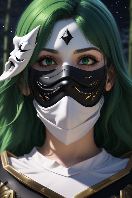 Shaina, a woman, 22 years old, green hair, ((She wears a white mask with black lines that covers his entire face.)). armor power, purple armor, green elements, fuschia aura. In the background a detailed landscapes. forest,  night sky, stars in the sky. interactive elements, very detailed, ((Detailed face)),  ((Detailed Half body)),  sciamano240, nodf_lora, 1girl, Shaina