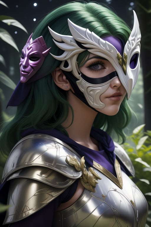 Shaina, a woman, 22 years old, green hair, ((She wears a white armor mask that covers his entire face.)). armor power, purple armor, green elements, fuschia aura. In the background a detailed landscapes. forest,  night sky, stars in the sky. interactive elements, very detailed, ((Detailed face)),  ((Detailed Half body)),  sciamano240, nodf_lora, 1girl, Shaina