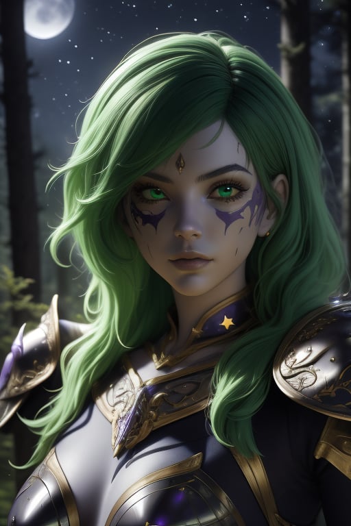 Shaina, a woman, 22 years old, green hair, white mask with black ornaments. armor power, purple armor, green elements, fuschia aura. In the background a detailed landscapes. forest,  night sky, stars in the sky. interactive elements, very detailed, ((Detailed face)),  ((Detailed Half body)),  sciamano240, nodf_lora, 1girl, Shaina