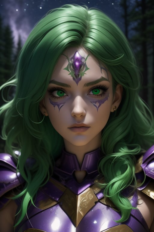 Shaina, a beautiful woman, 22 years old, green hair, green eyes. armor power, purple armor, green elements, fuschia aura. In the background a detailed landscapes. forest,  night sky, stars in the sky. interactive elements, very detailed, ((Detailed face)),  ((Detailed Half body)),  sciamano240, nodf_lora, 1girl, Shaina