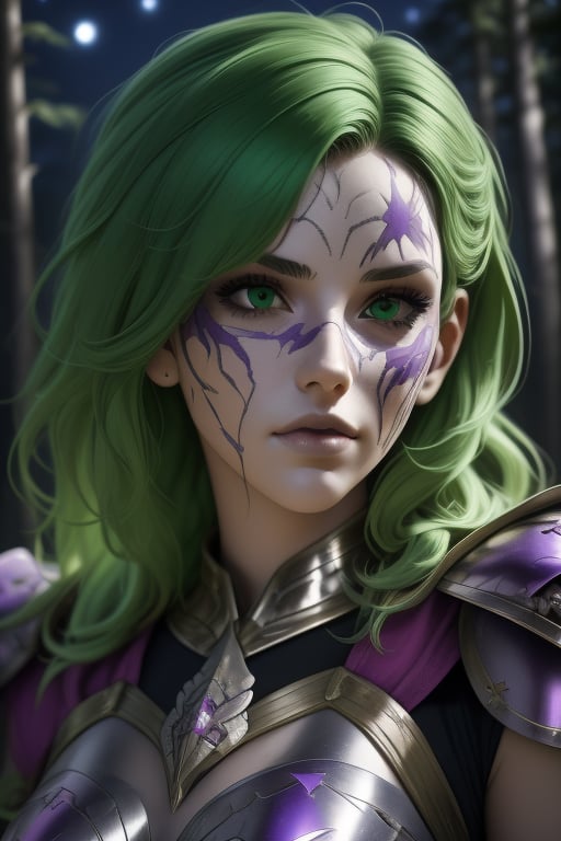 Shaina, a woman, 22 years old, green hair, she weaars white mask in her face. armor power, purple armor, green elements, fuschia aura. In the background a detailed landscapes. forest,  night sky, stars in the sky. interactive elements, very detailed, ((Detailed face)),  ((Detailed Half body)),  sciamano240, nodf_lora, 1girl, Shaina