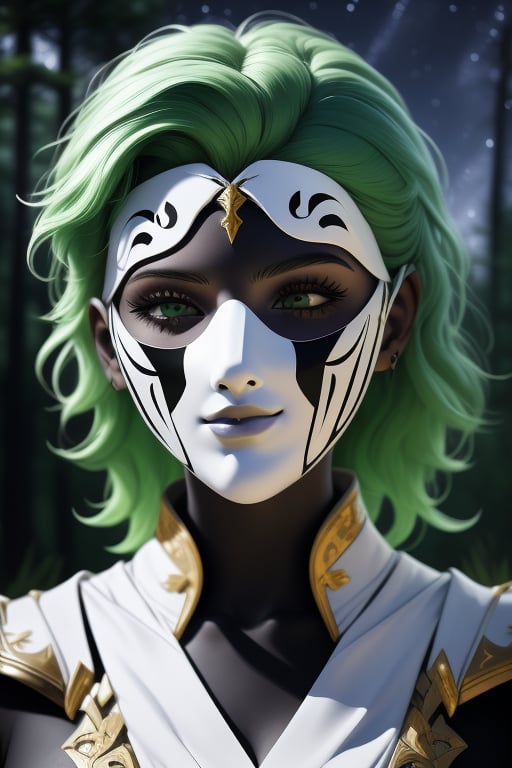 Shaina, a woman, 22 years old, green hair, ((She wears a white mask with black lines that covers his entire face.)). armor power, purple armor, green elements, fuschia aura. In the background a detailed landscapes. forest,  night sky, stars in the sky. interactive elements, very detailed, ((Detailed face)),  ((Detailed Half body)),  sciamano240, nodf_lora, 1girl, Shaina