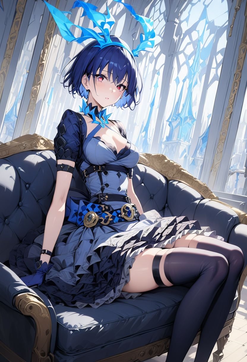 Alicesin, blue hair, red eyes , short hair, skirt,blue dress, belt, thighhighs, gloves, glowing diadem, (sitting on a sofa), at royal room, view dynamic angle, best quality ,masterpiece, high resolution, detailed,