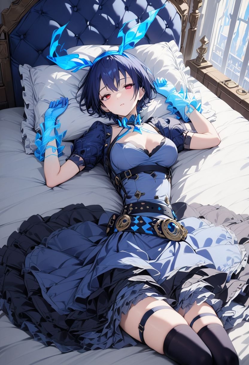Alicesin, blue hair, red eyes , short hair, skirt,blue dress, belt, thighhighs, gloves, glowing diadem, glowing glove, (sleeping on a bed) lying, close eyes, arms up, at royal room, view dynamic angle, best quality ,masterpiece, high resolution, detailed,