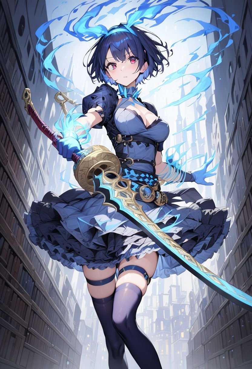 Alicesin, blue hair, red eyes , short hair, skirt,blue dress, belt, thighhighs, gloves, glow hand, glowing diadem, looking at viewer,(holding a sword attack pose), at dark library, view dynamic angle, best quality ,masterpiece, high resolution, detailed,