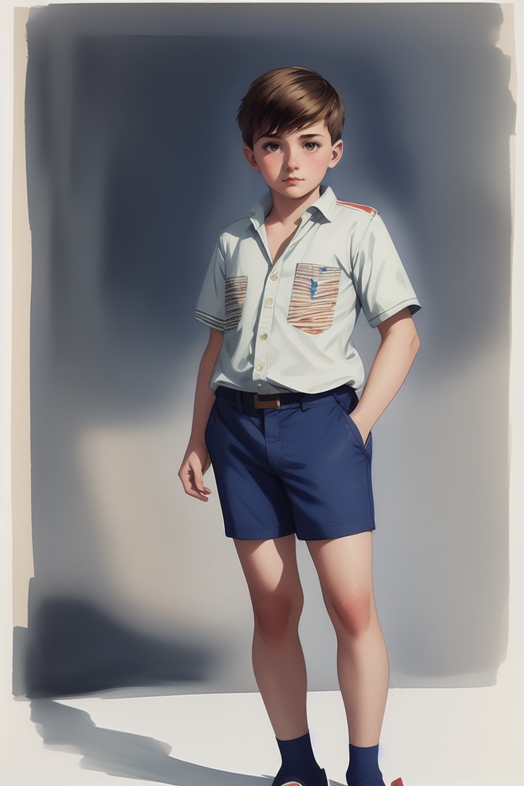 Watercolor and pencil. 15yo guy. striped short-sleeved shirt, grey fabric shorts and fabric espadrilles
Children's clothing
Vintage clothing
Provençal clothing
Le Château de ma Mère
Marcel Pagnol, Dandi, Drawing, Thick Outline, Betm, Beitemian, Hogarth Hughes, Auburn Hair, Blue Eyes, lora:watercolor and pencil, gouache, thick paper:0.5,Watercolor and pencil.,framing medium-sized eyes 