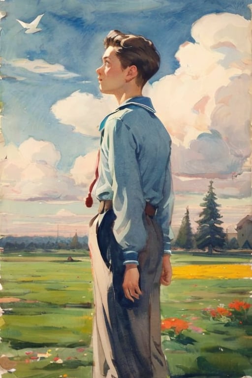 A young man with an angelic face and a serene gaze stands in an open field, surrounded by wildflowers. Her brown hair is combed in the gentle morning breezes as she gazes at the horizon with eyes full of dreams. The radiant sun illuminates his smooth skin and brightens the fabric of his rolled-up white shirt.  Around it, lush trees sway in the wind and white clouds sail across a deep blue sky. The atmosphere is calm and serene, only interrupted by the chirping of birds in the distance. The boy is standing, with his back to the viewer, looking out over the landscape.

Sunlight reflects off your hair and grass.

Soft, smooth skin
Slightly disheveled hair
Breathable fabric clothing 

Deep green for grass and trees
Sky blue for the sky
Bright yellow for the sun
Touches of red, orange and pink for the flowers 

Running ,Watercolor and pencil.