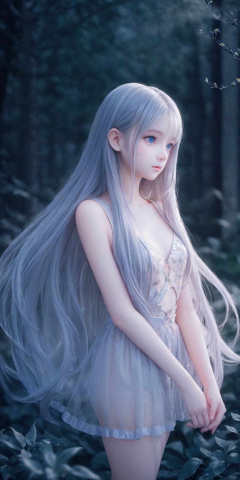 Ultra detailed realistic of a young girl lost in a magical world full of wonders, unique luminous flora never seen before, highly detailed, pastel colours, digital art, art by Mschiffer, night, dark, bioluminescence, slim, tall, perfect upper body, dynamic pose, pale skin, golden hair, blue eyes, white skin, (long flowing hair, floating hair, long hair, messy hair), ((long floating sheer)), perfect fingers, long bangs, medium shot, upper body, in the dark, deep shadow, low key, intricate fractal art